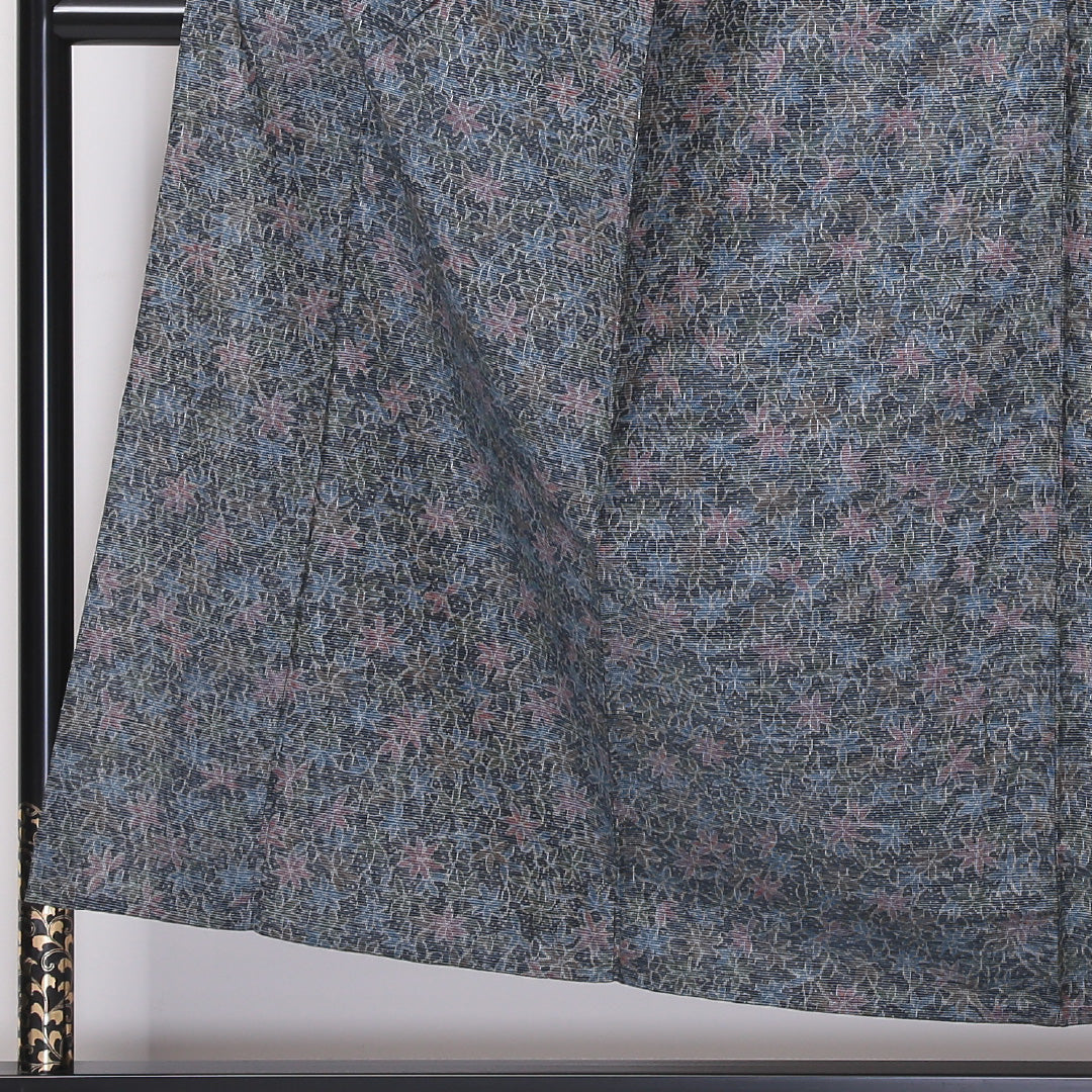 紬 単衣 身丈153cm 裄63.5cm 正絹 ボタニカル グレー系 Sランク 1216-00964