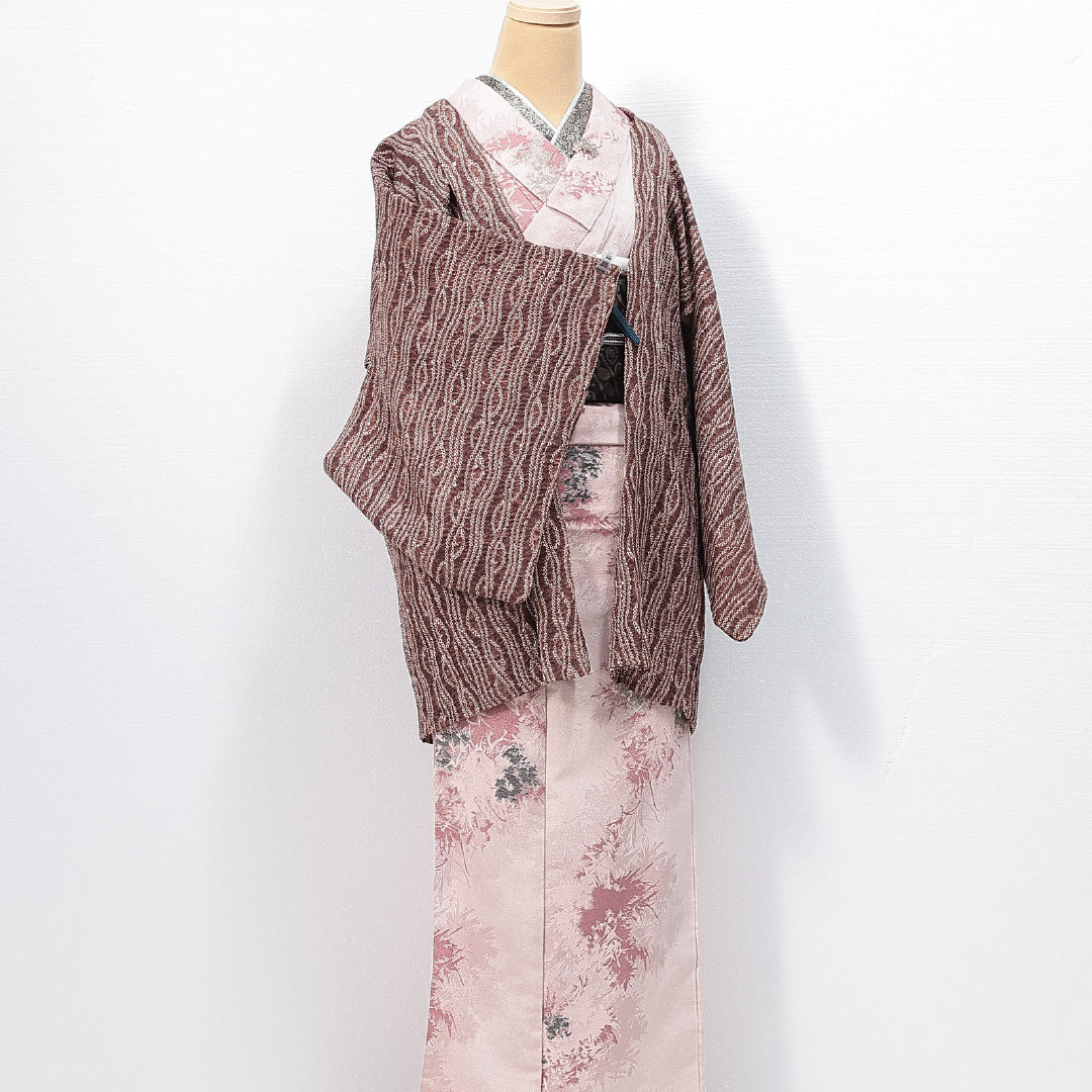 羽織 袷 身丈79cm 裄丈64cm 正絹 Sランク カジュアル Mサイズ 紐あり よろけ縞 茶系 RP 1232-14692