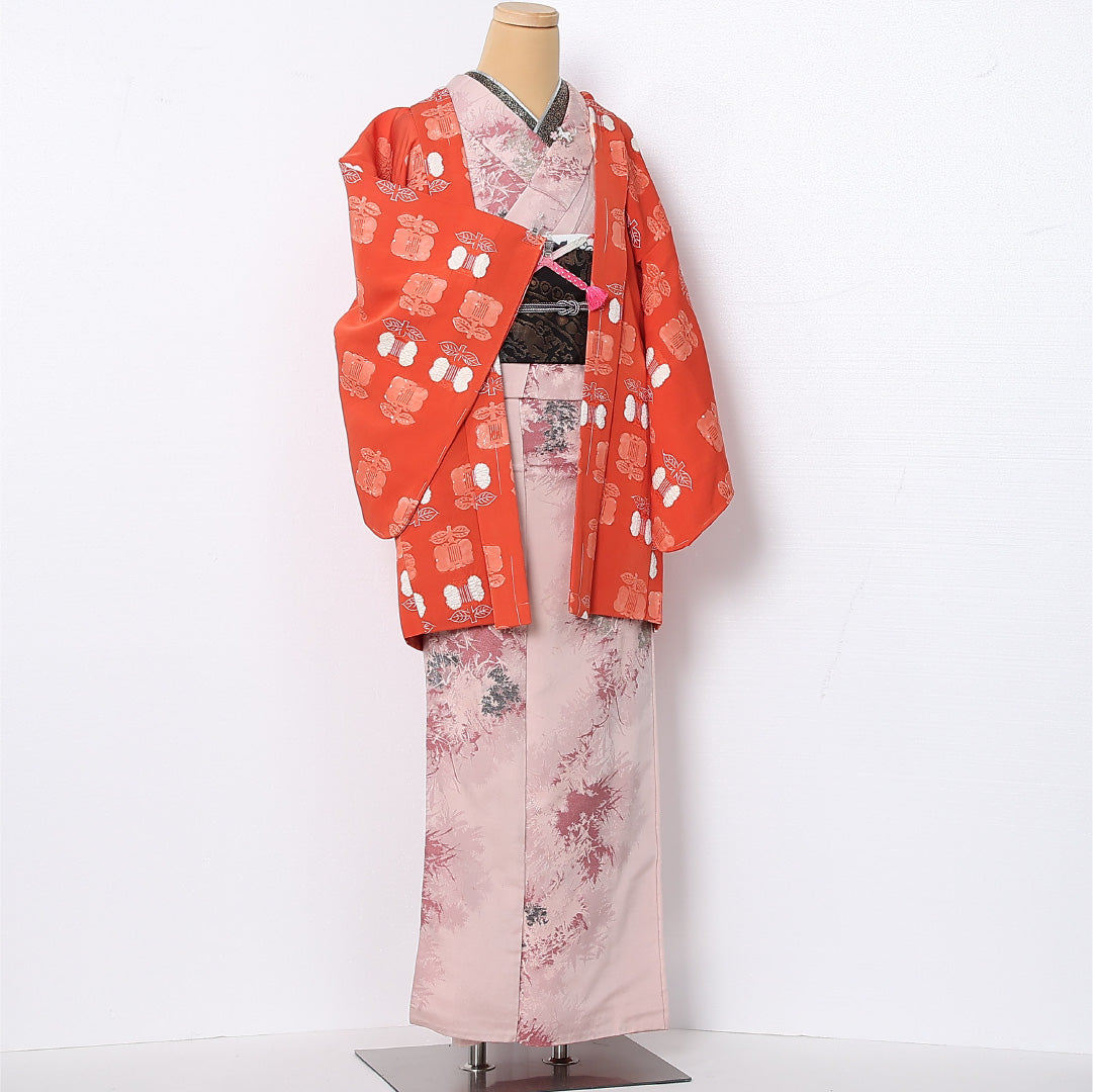 羽織 袷 身丈80cm 裄丈63cm 正絹 Sランク カジュアル Sサイズ 紐あり 椿 朱系 RP 1232-12816