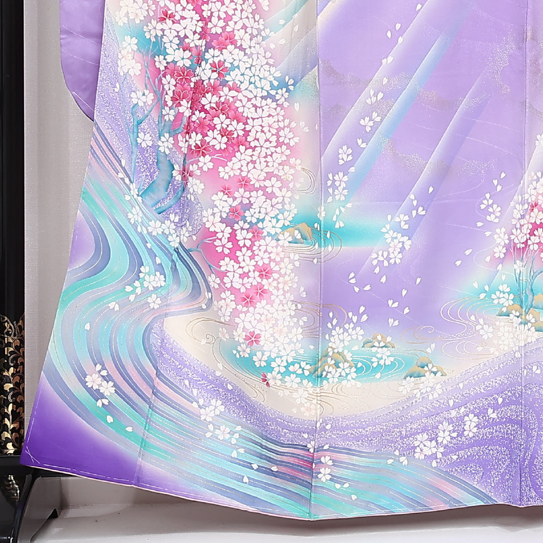 振袖 身丈161cm 裄丈65cm Bランク 正絹 袷 広衿 L しつけ糸 流水 吉祥文様 桜 フォーマル 紫系 1213-F0527