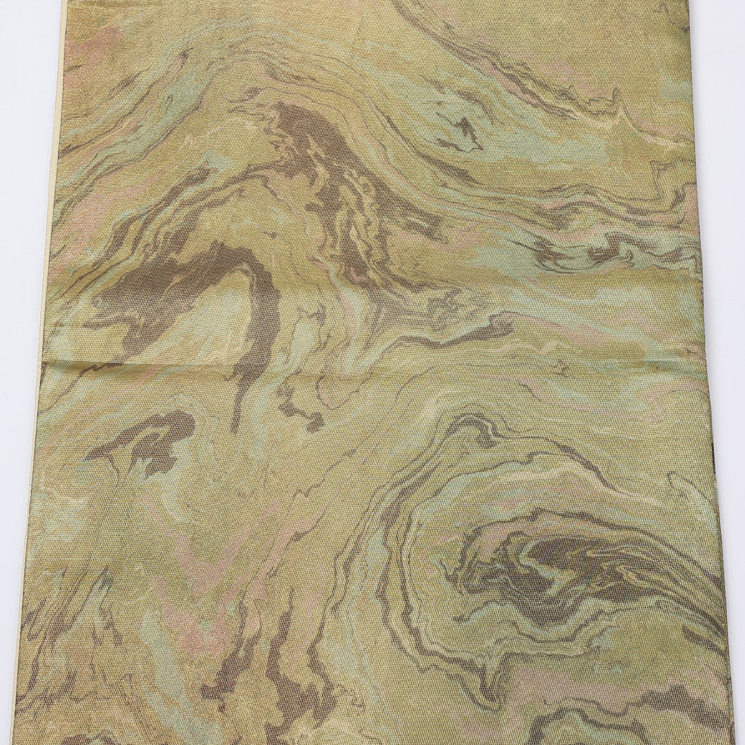 袋帯 帯丈452cm 六通 墨流し 引箔 カジュアル 金系 正絹 Sランク 1223-00948