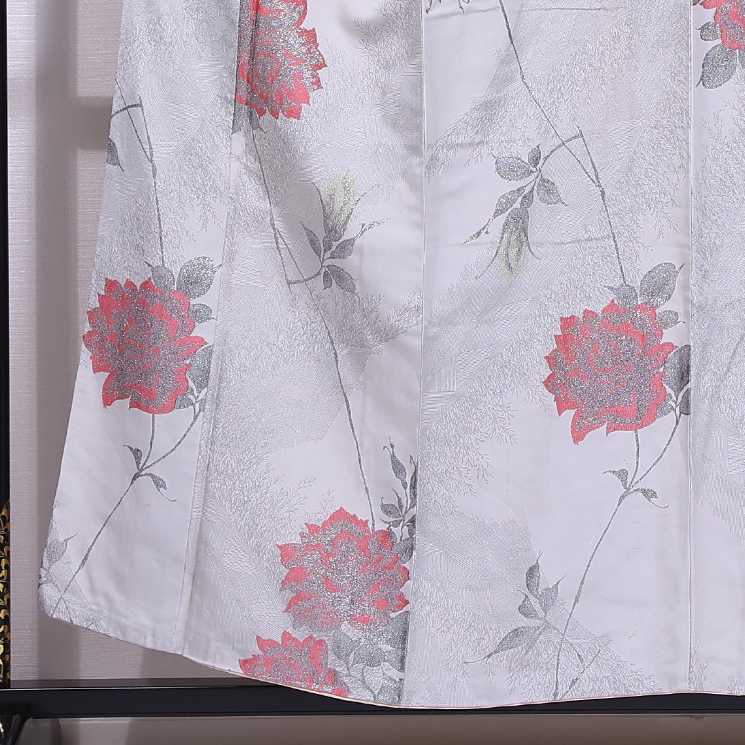 アンティーク 小紋 (お召) 袷 身丈154cm 裄丈64cm 正絹 Cランク バチ衿 Sサイズ 漆糸 薔薇 グレー系 RP 1221-11657