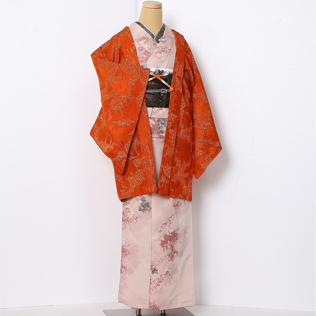 羽織 袷 身丈83cm 裄丈65cm 正絹 Sランク カジュアル Mサイズ 紐あり 植物柄 朱系 RP 1232-12867