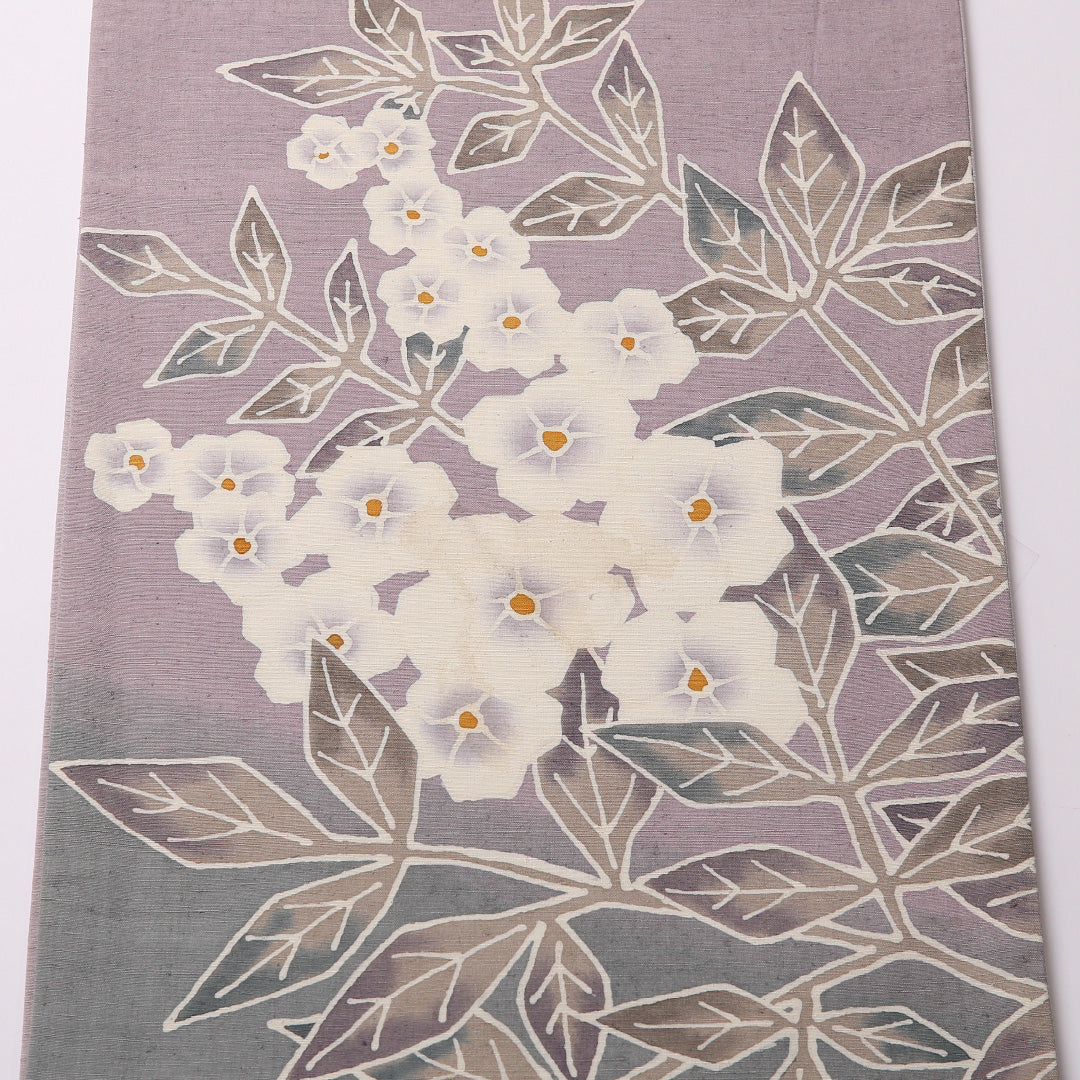 袋帯(紬) 帯丈462cm 正絹 ポイント柄 染め帯 インフォーマル 花柄 紫系 緑系 1243-01556