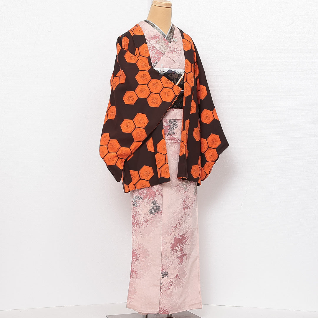 黒羽織 袷 身丈71cm 裄丈66cm 正絹 Sランク インフォーマル Mサイズ 花菱亀甲 黒系 RP 1233-13861