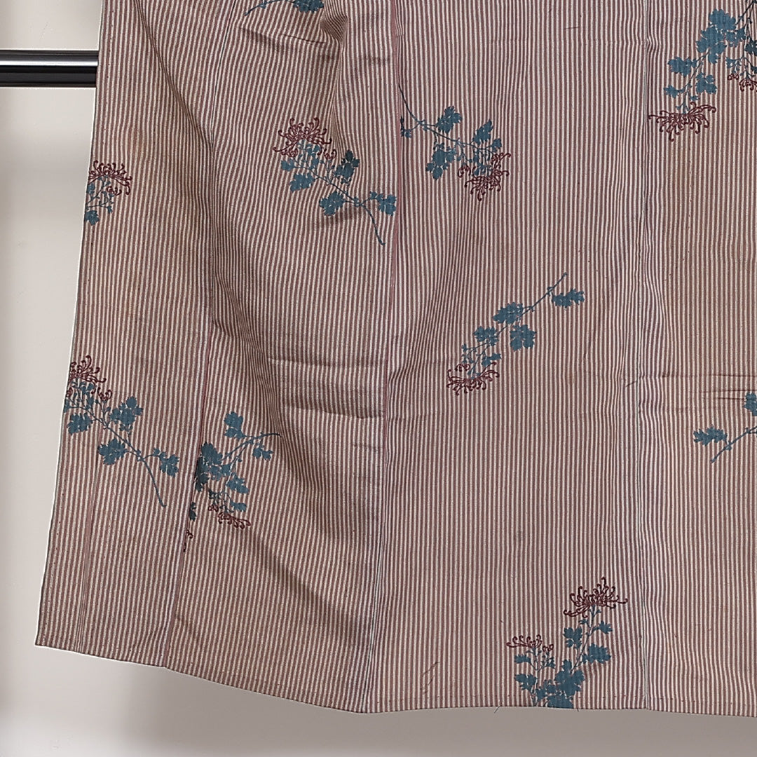 アンティーク 小紋 単衣 身丈146cm 裄61.5cm 正絹 菊 居敷当て 刺繍 縞 茶系 Cランク 1215-02305