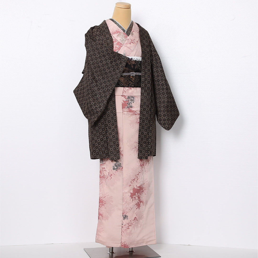 羽織 袷 身丈85cm 裄丈62cm 正絹 Aランク カジュアル Sサイズ 斜め格子 茶系 RP 1232-12761