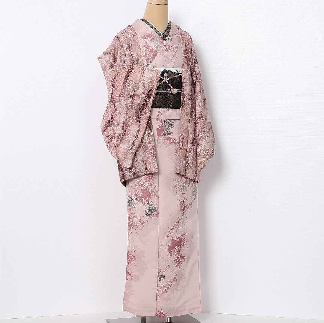 羽織 袷 身丈75cm 裄丈63cm 正絹 Sランク カジュアル Sサイズ たたき染め 紐あり 花柄 ピンク系 RP 1232-12865