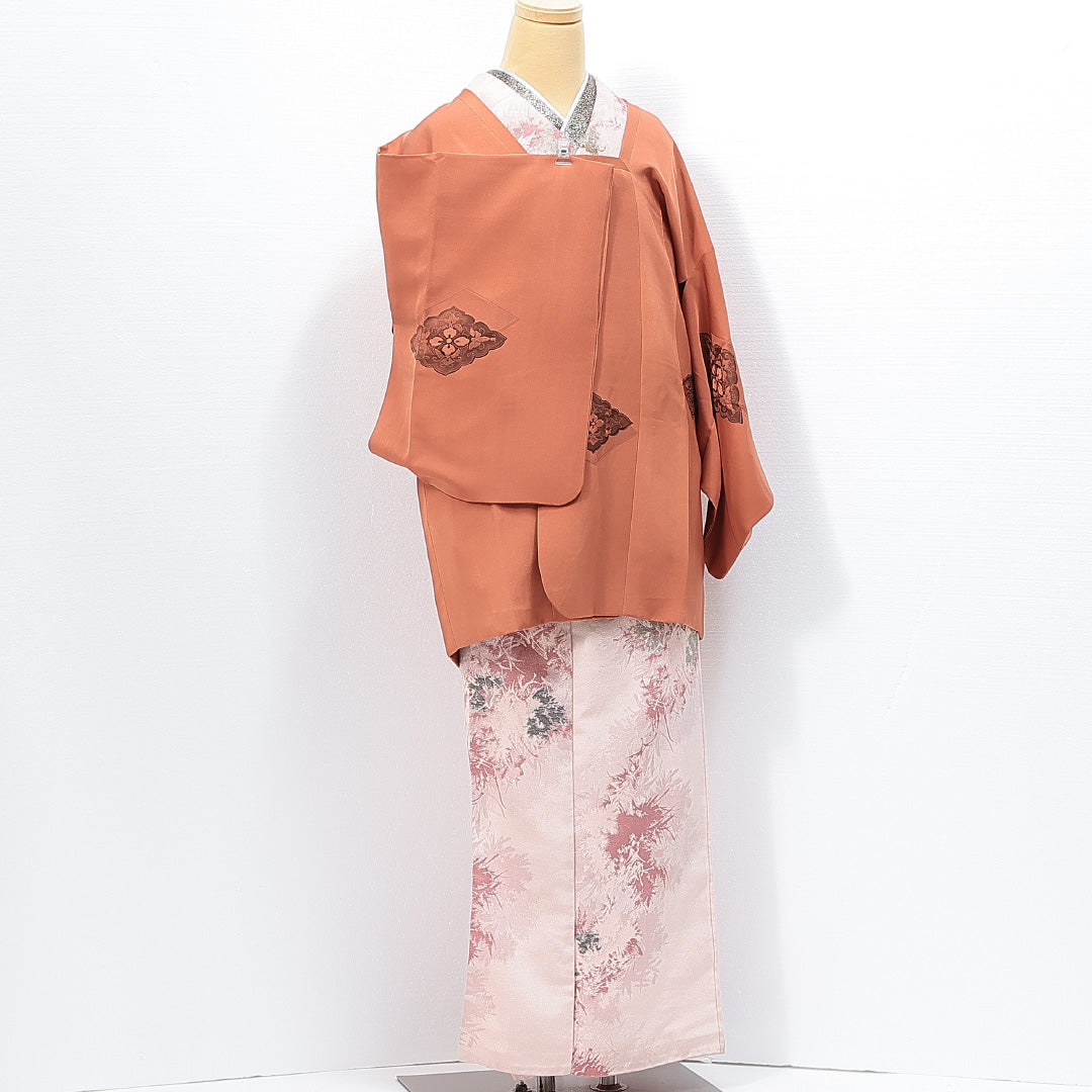 道行コート 袷 身丈78cm 裄丈63cm 正絹 Aランク セミフォーマル Sサイズ ポケットあり 花菱 古典的 しとやか 茶系 HP 1237-14809