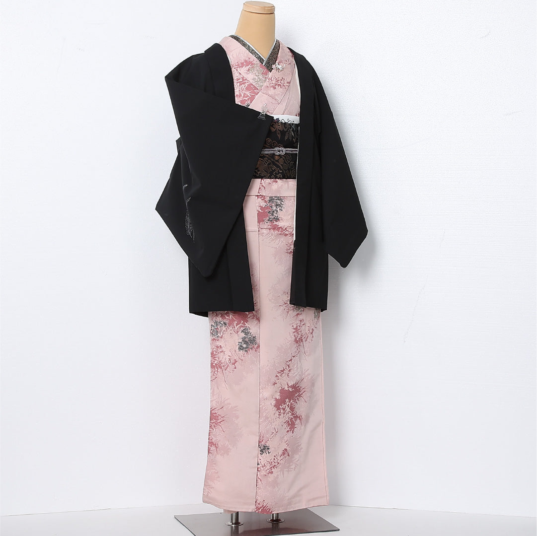 黒羽織 袷 身丈82cm 裄丈64cm 正絹 Cランク インフォーマル Mサイズ 花車 黒系 LP 1233-12841