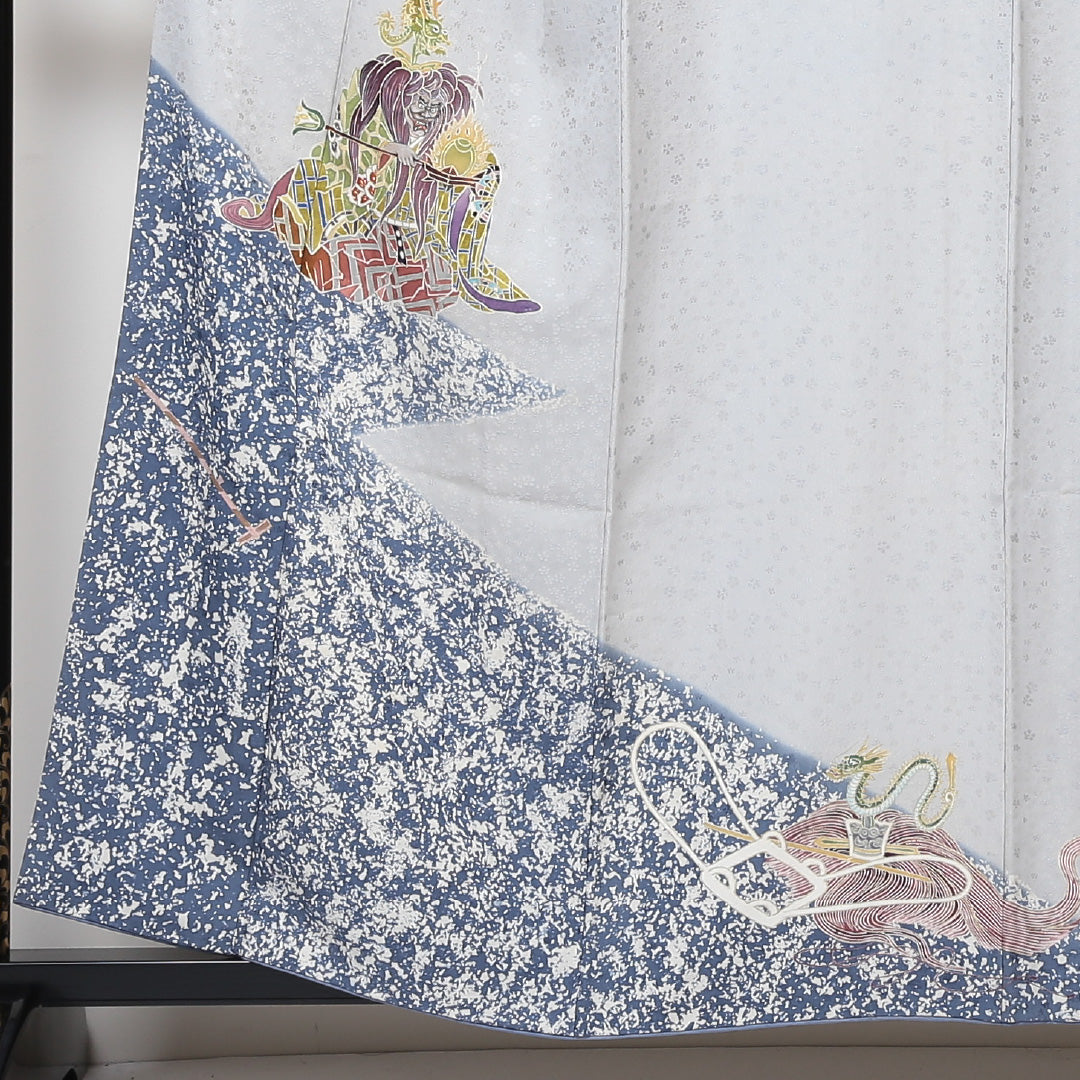 訪問着 袷 身丈157cm 裄丈64cm 正絹 Bランク 一つ紋 (丸に左三階松) セミフォーマル 広衿 Mサイズ 龍 グレー系 RP 1217-04367