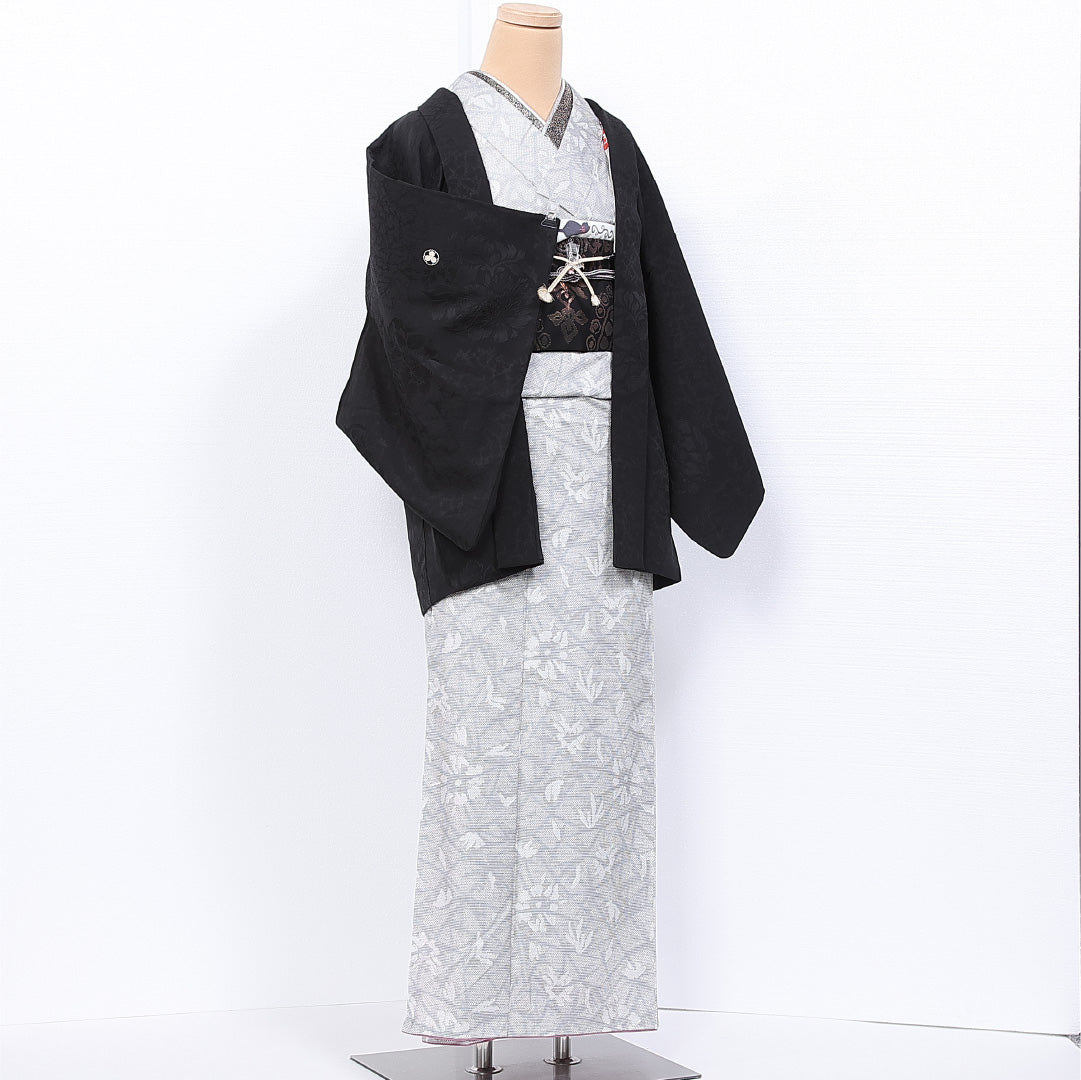 羽織 身丈75cm 裄丈62cm S 正絹 Sランク 袷 三つ紋 雪輪に三つ柏 黒羽織 紐あり 創作 1217-11137