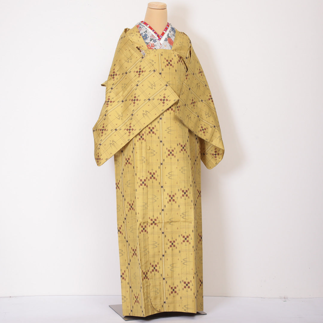 道行コート 袷 身丈146cm 裄66.5cm ポリエステル 洗える着物 Bランク 雨コート 黄系 1217-00463