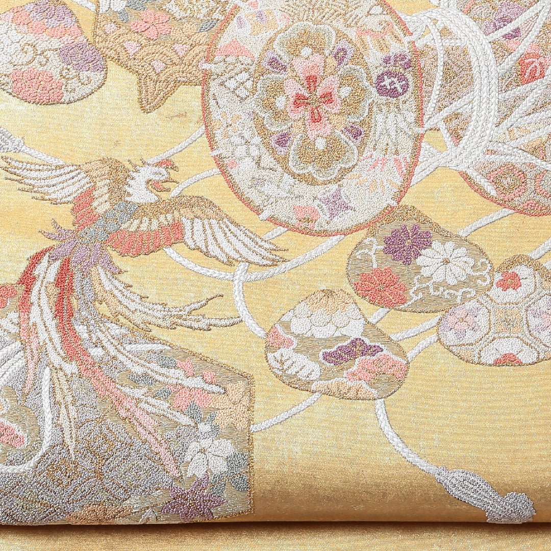 袋帯 帯丈432cm 六通 仕立て上がり フォーマル Aランク 純金箔 引箔 吉祥文様 尾長鳥 相良刺繍 刺繍 金系 1223-00641-321 1223-00641