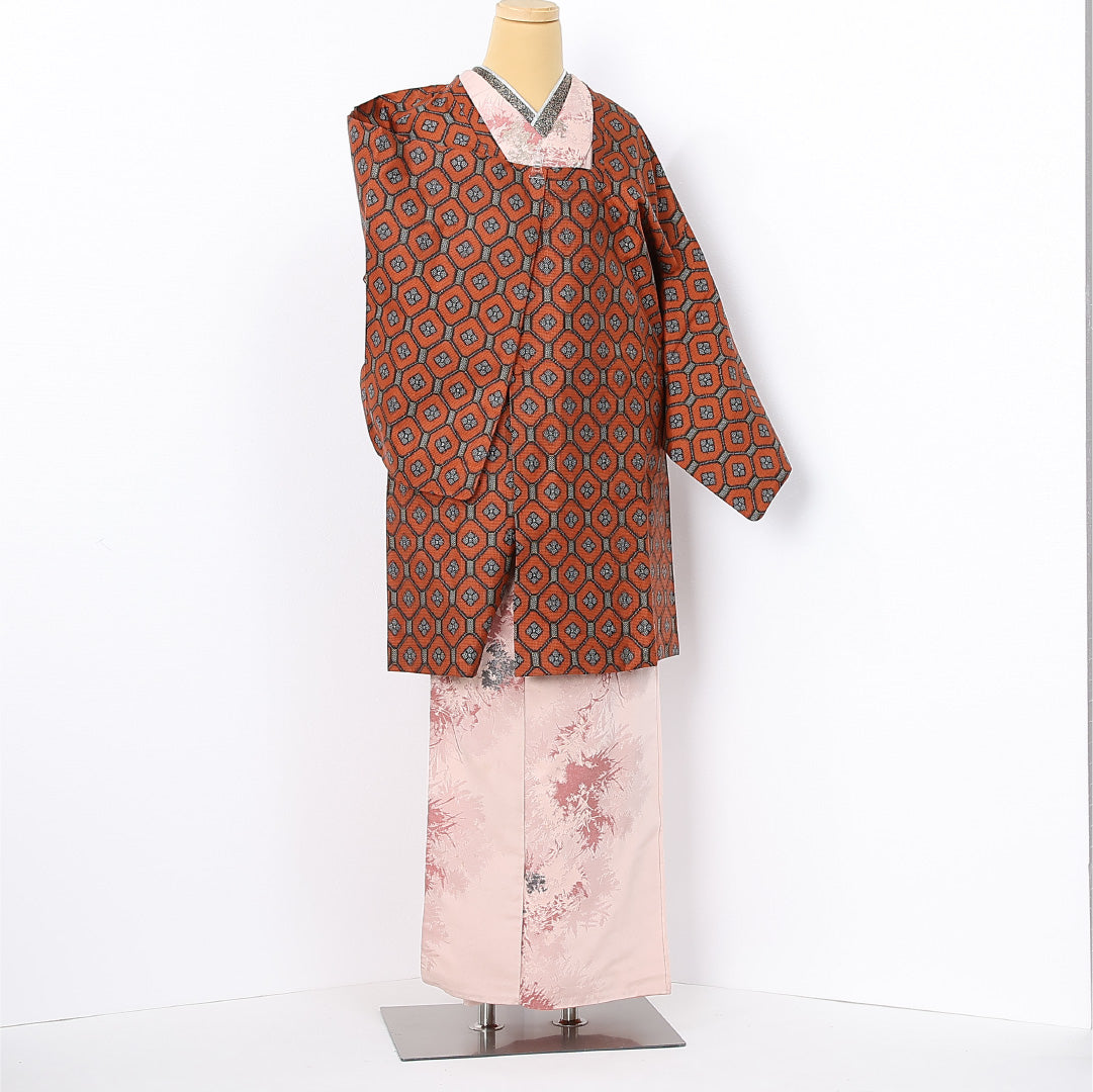 道行コート (村山大島紬) 袷 身丈91cm 裄丈66cm 正絹 Sランク セミフォーマル Mサイズ ポケットあり 蜀江 赤系 RP 1237-12592
