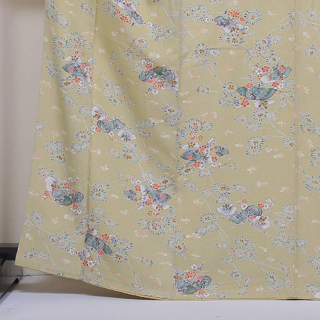 小紋 袷 身丈166cm 裄丈66cm 正絹 Aランク XLサイズ 広衿 インフォーマル ちりめん 梅 松 緑系 茶系 1215-01805