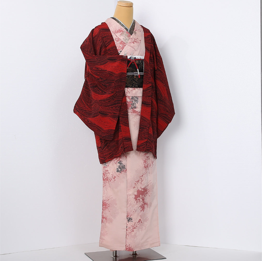 羽織 袷 身丈82cm 裄丈64cm 正絹 Sランク カジュアル Mサイズ 紐あり 創作柄 赤系 M4 1232-12616