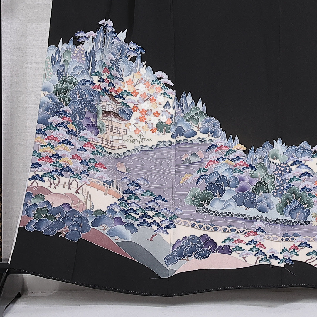 黒留袖 五つ紋 橘枝丸 鹿苑寺金閣庭園 身丈160cm 裄丈64cm Sランク 正絹 袷 比翼 広衿 L 作家物 落款 加賀友禅 フォーマル 黒系 1211-F0326
