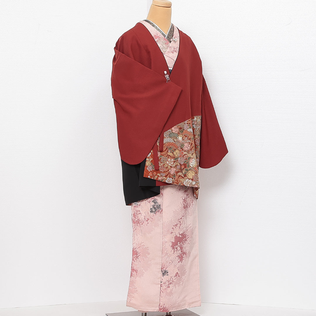洗える着物 道中着 袷 身丈83cm 裄丈67cm ポリエステル Sランク セミフォーマル Mサイズ 辻が花調 花柄 朱系 RP 1236-13899