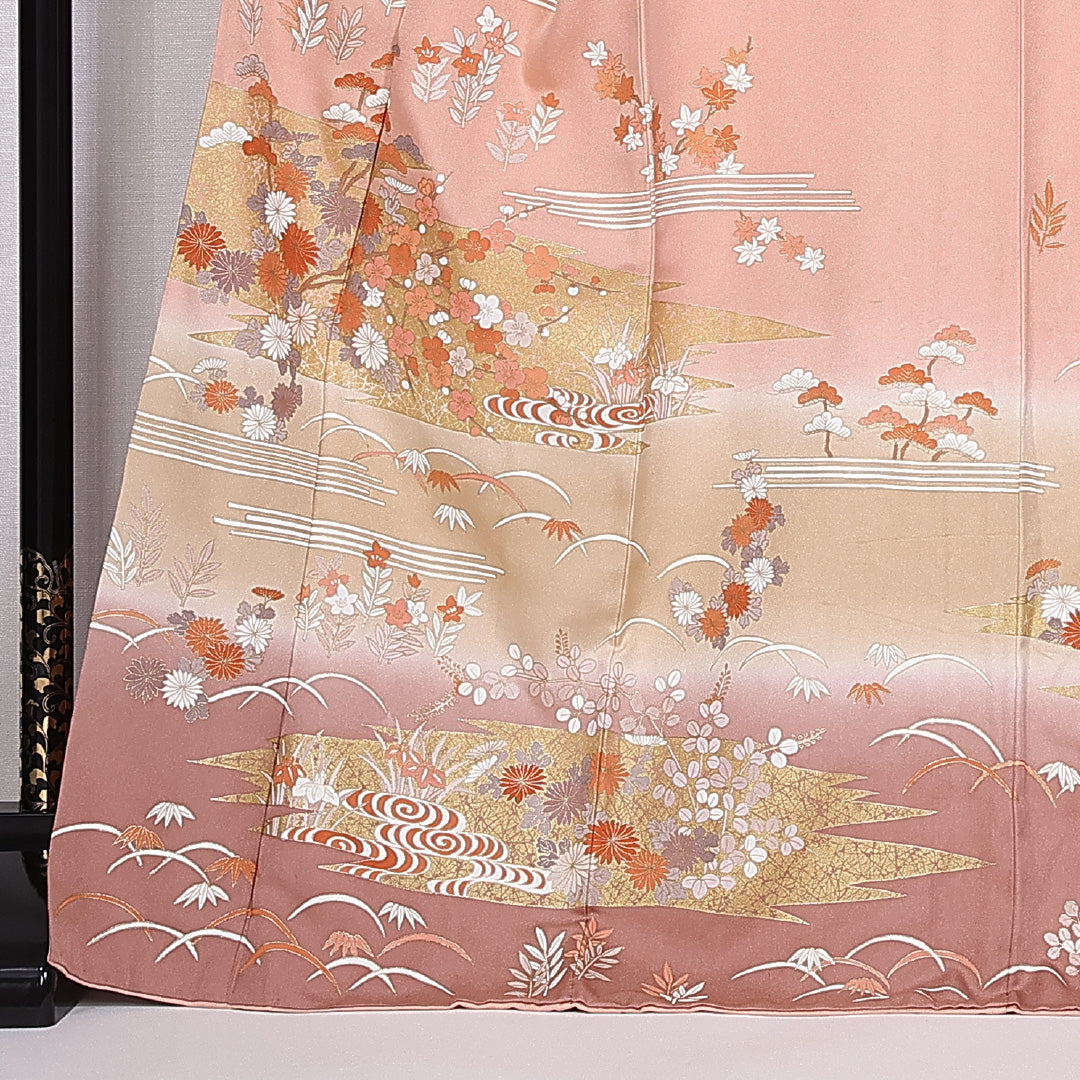 訪問着 身丈170cm 裄丈67.5cm 正絹 Aランク 袷 広衿 菊 観世水 菖蒲 萩 笹 芝草 1212-10426