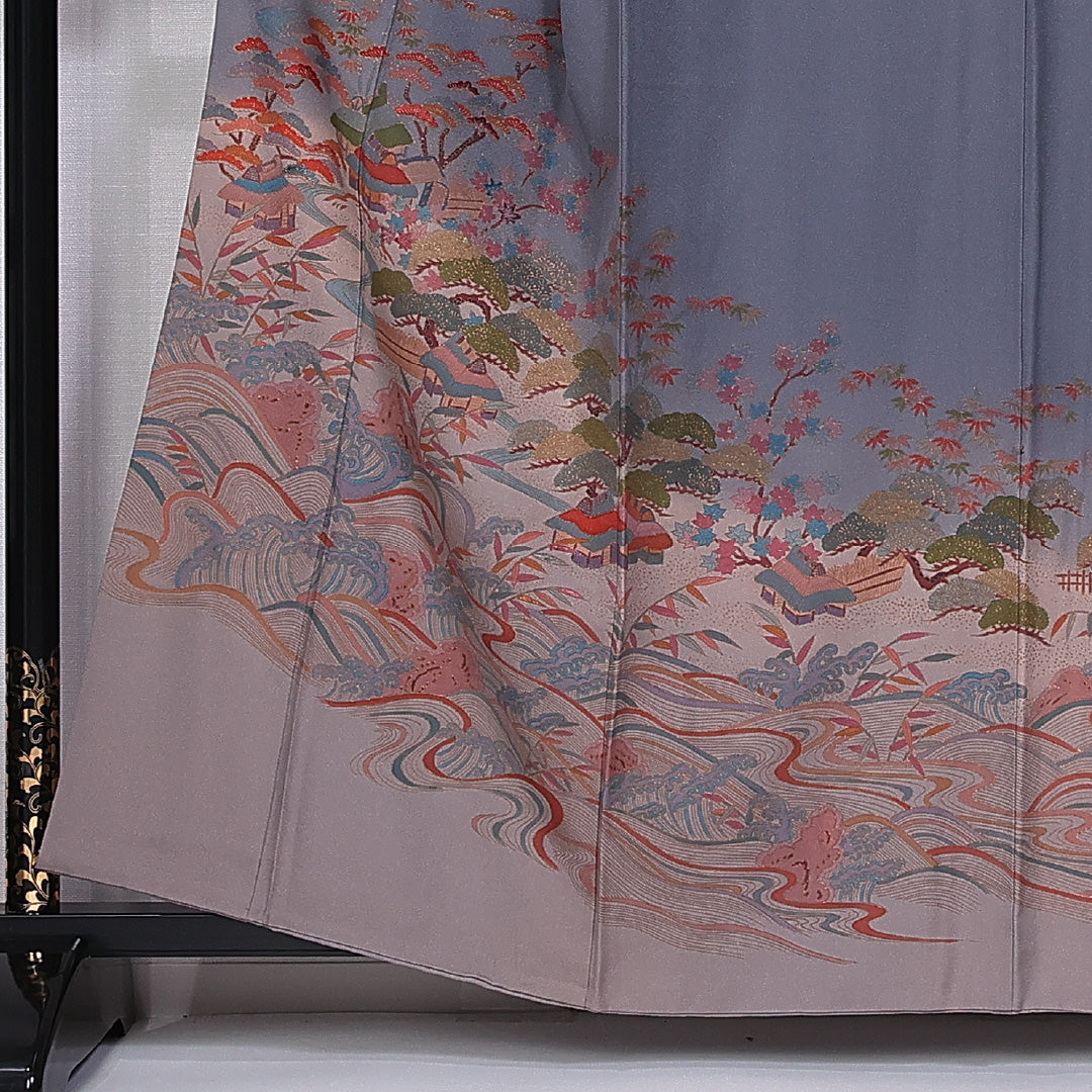 訪問着 袷 身丈157cm 裄丈65cm 正絹 Bランク セミフォーマル 広衿 Mサイズ 茶屋辻 松竹梅 グレー系 HP 1217-10862