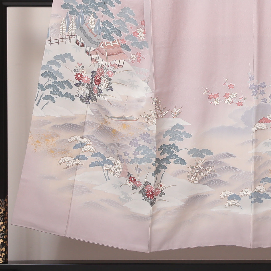 色留袖 袷 身丈148cm 裄63cm 正絹 一つ紋 御所解 剣片喰 日向紋 紋意匠 紗綾形 ピンク系 証紙 Aランク 1211-00124