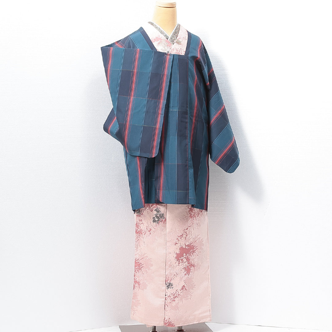 道行コート 袷 身丈87cm 裄丈65cm 正絹 Sランク セミフォーマル Mサイズ ポケットあり 格子 青系 RP 1237-14670