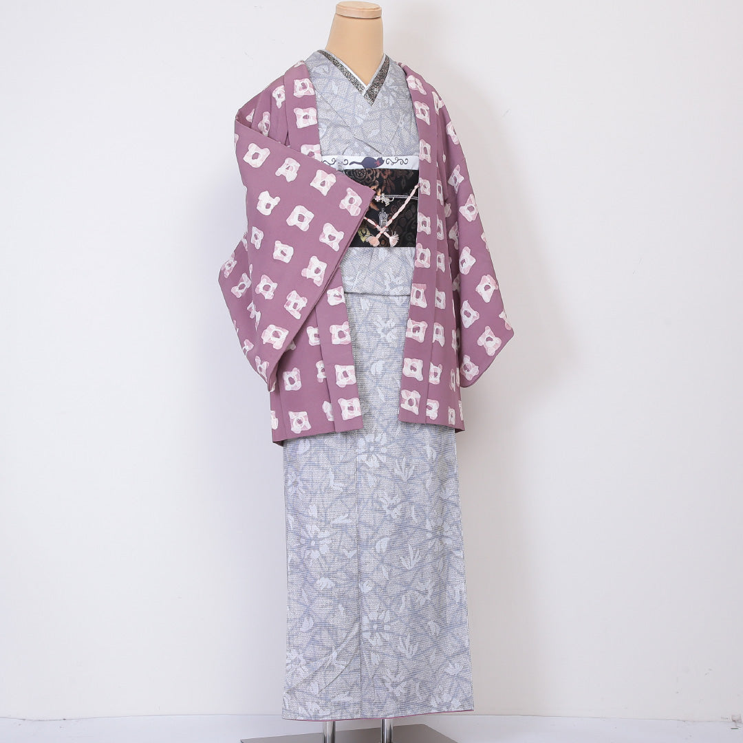 羽織 袷 身丈79cm 裄丈63cm 正絹 Sランク カジュアル Sサイズ 紐あり 創作柄 紫系 RP 1232-06004