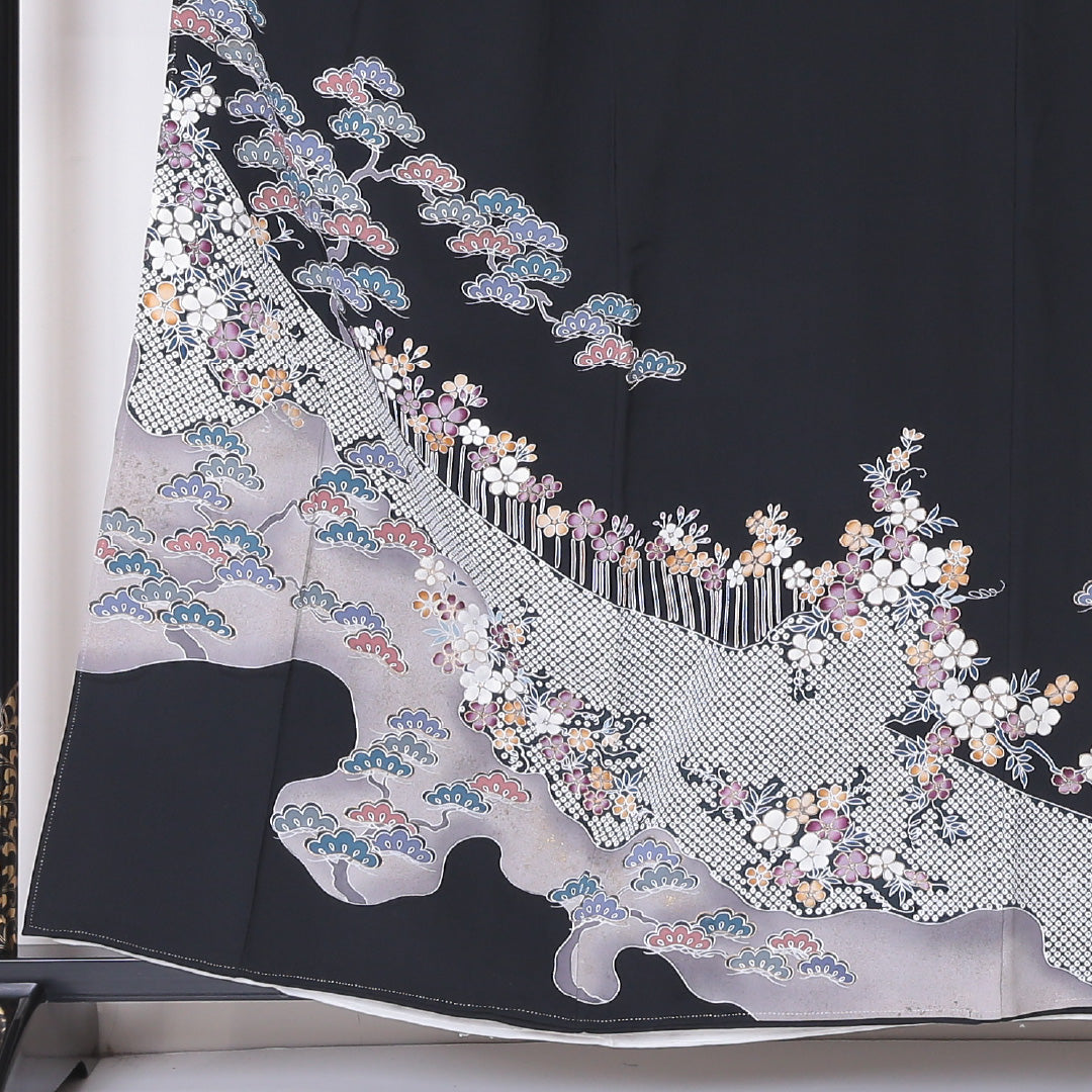 黒留袖 五つ紋 下り藤 身丈158cm 裄丈64cm Sランク 正絹 袷 比翼 広衿 M 京友禅 松 フォーマル 黒系 1211-F0215