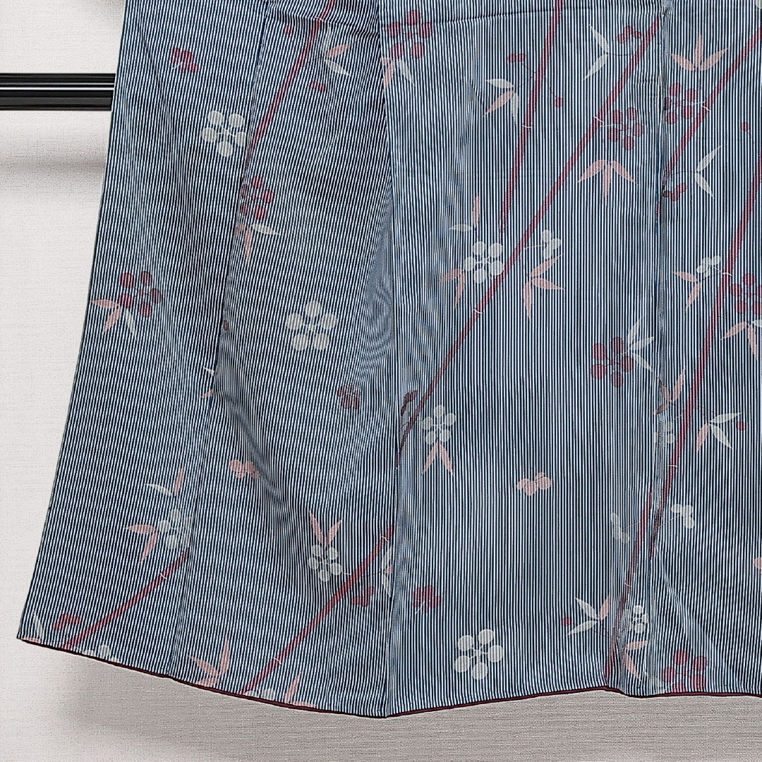 小紋 袷 身丈141cm 裄丈63cm 正絹 Cランク インフォーマル 広衿 XSサイズ 梅 笹 青系 HP 1221-13651