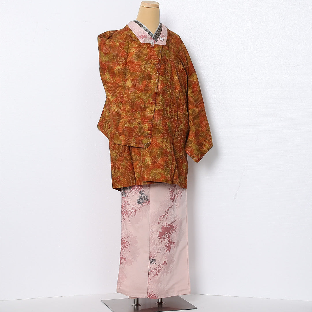 道行コート 袷 身丈86cm 裄丈64cm 正絹 Sランク セミフォーマル Mサイズ 織り出し 創作柄 茶系 RP 1237-12825
