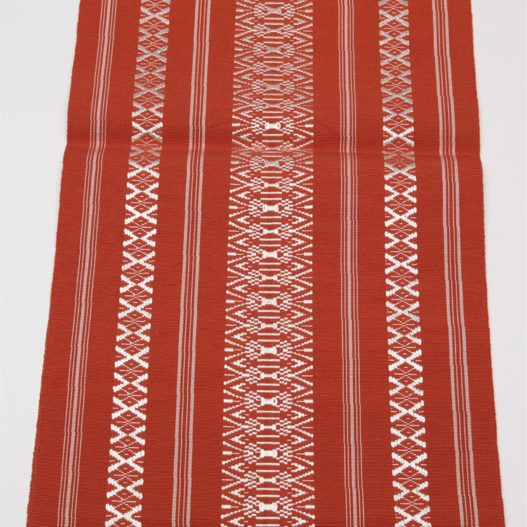 名古屋帯 帯丈396cm Aランク 開き仕立て 全通 正絹 本場筑前博多織 献上柄 セミフォーマル 朱系 1224-01545