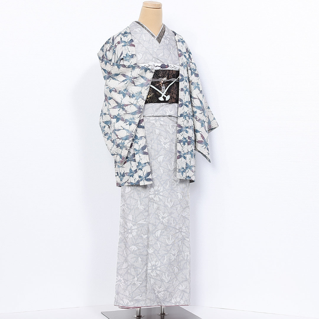 羽織 袷 身丈80cm 裄丈62cm 正絹 Bランク カジュアル Sサイズ 紐あり 植物柄 白系 RP 1232-10296