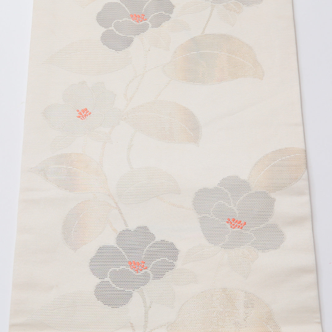夏物 名古屋帯 六通 帯丈364cm カジュアル Cランク 正絹 椿 クリーム系 1224-02038