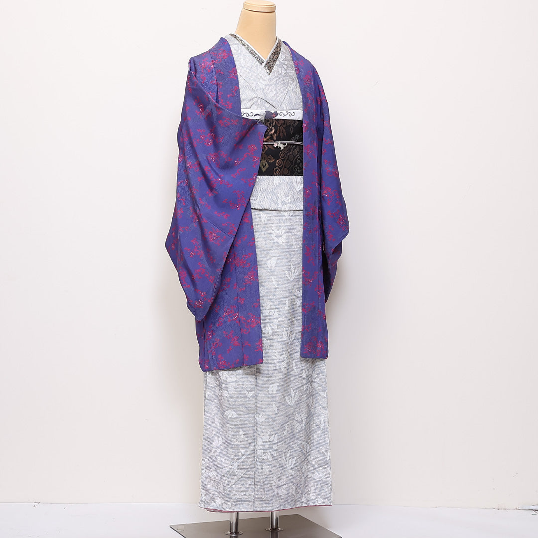 アンティーク 羽織 袷 身丈94cm 裄丈63cm 正絹 Cランク 紋意匠 (菊) Sサイズ 唐華 青系 M4 1232-06167