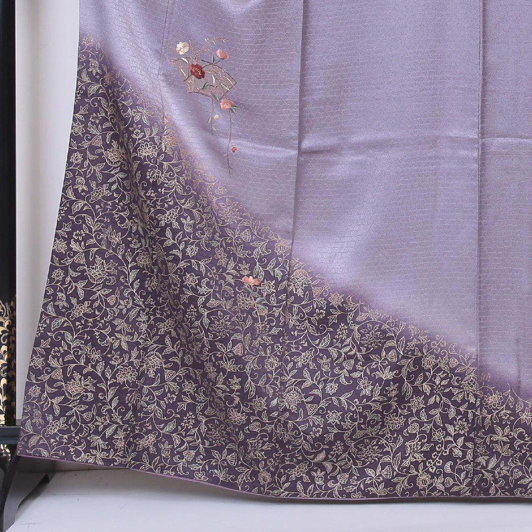 訪問着 袷 身丈160~164cm 裄63.5cm 正絹 蘇州刺繡 唐花 鱗柄 紫系 Sランク 1212-00580