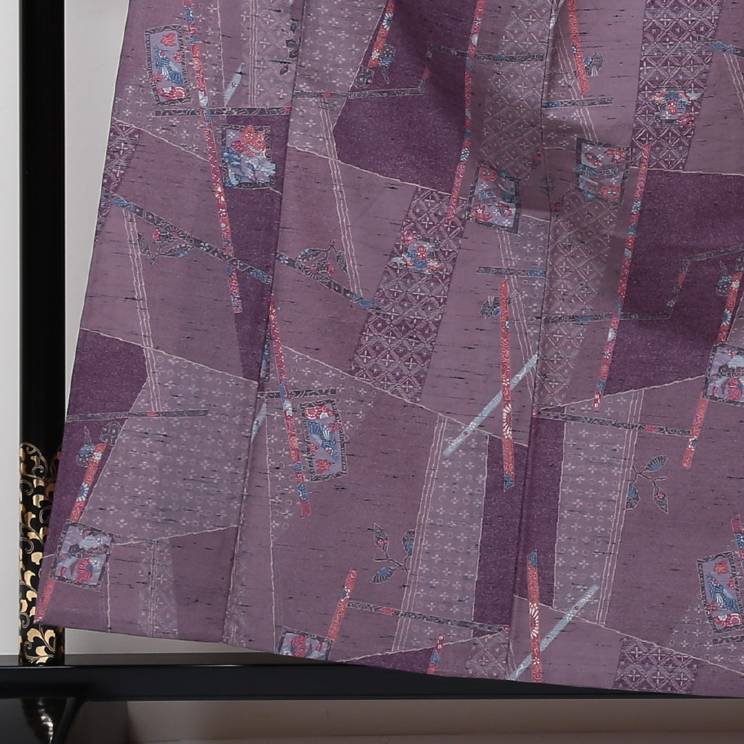 未使用品 紬 単衣 身丈158cm 裄丈63cm 正絹 Sランク Mサイズ バチ衿 カジュアル 寄せ柄 しつけ糸 紫系 1216-02978