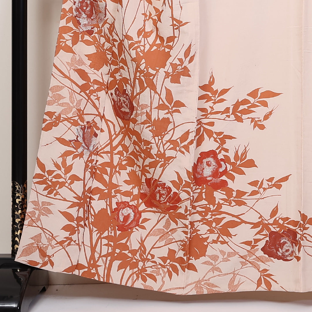 アンティーク お召 紬 単衣 身丈162cm 裄65.5cm 正絹 訪問着 漆糸 薔薇 クリーム系 Bランク 1216-01252
