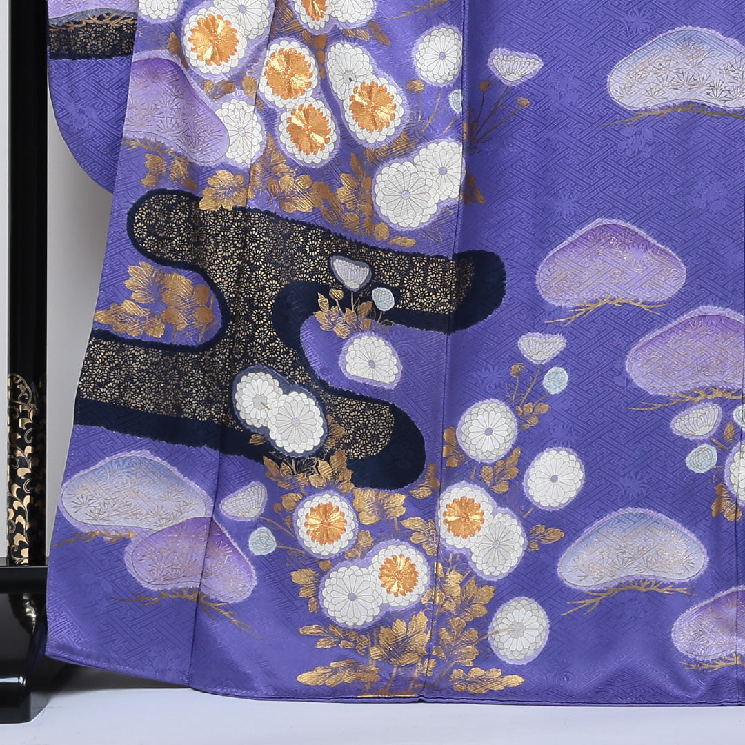 振袖 身丈171cm 裄丈70.5cm Bランク 袷 正絹 広衿 エ霞 金彩 金駒刺繍 松 1213-F0046