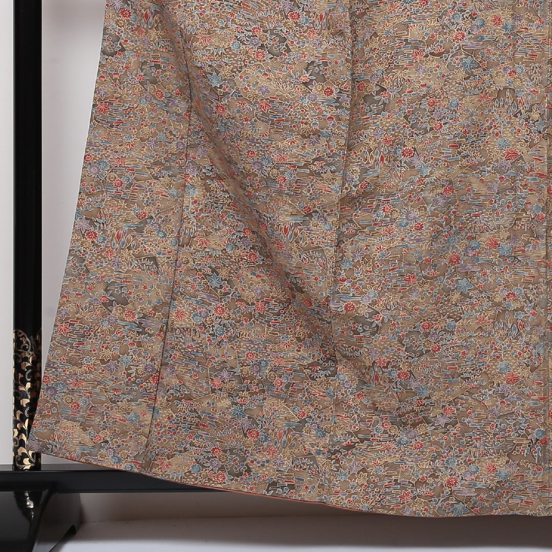 小紋 袷 身丈159cm 裄63cm 茶系 型染め 花柄 紅葉 正絹 Aランク 1215-01602-3314