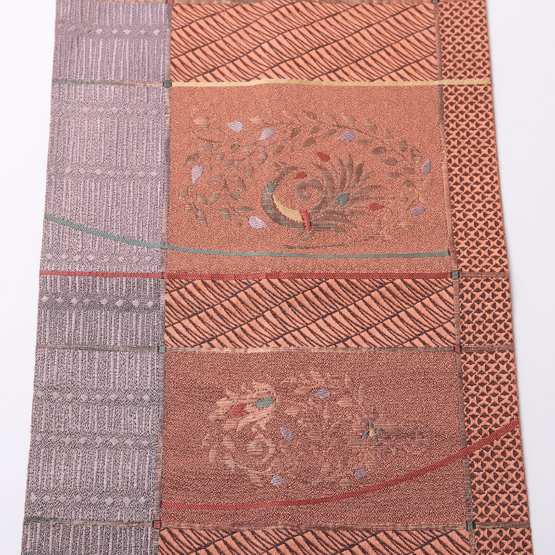 未使用品 八寸名古屋帯 Nランク 帯丈353cm 正絹 六通 名古屋仕立て 織り インフォーマル 孔雀 ピンク系 HP 1245-02691