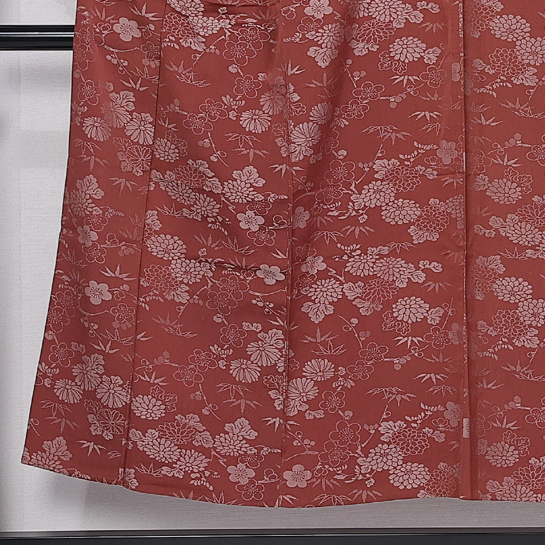 アンティーク お召 単衣 身丈149cm 裄丈63cm 正絹 Bランク 広衿 XSサイズ 菊 笹 赤系 RP 1222-11026
