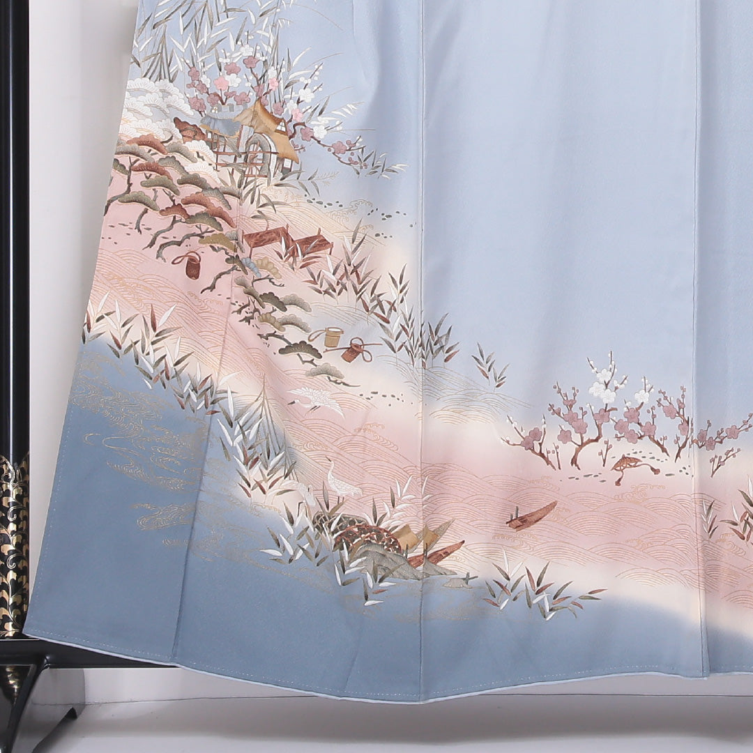 色留袖 袷 身丈157cm 裄64cm 正絹 一つ紋 鶴 梅 金彩 笠松 丸に剣片喰 水色系 Cランク 1211-00152