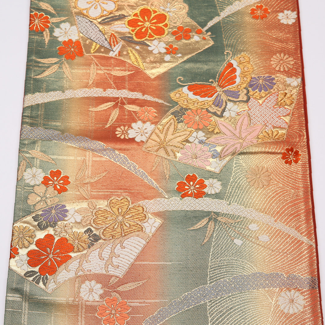 振袖用 袋帯 帯丈422cm 正絹 六通 唐織 花扇 蝶 赤系 緑系 1243-01039