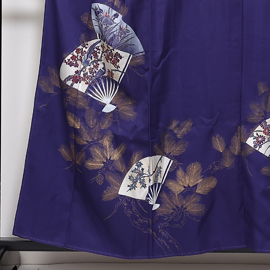 訪問着 袷 身丈158cm 裄64.5cm 正絹 金彩 扇子 鴛鴦 菖蒲 箔 松 Aランク 1212-00697