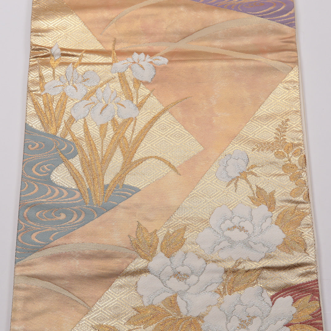 袋帯 六通 帯丈428cm フォーマル Sランク 正絹 牡丹 菖蒲 ベージュ系 1223-01423