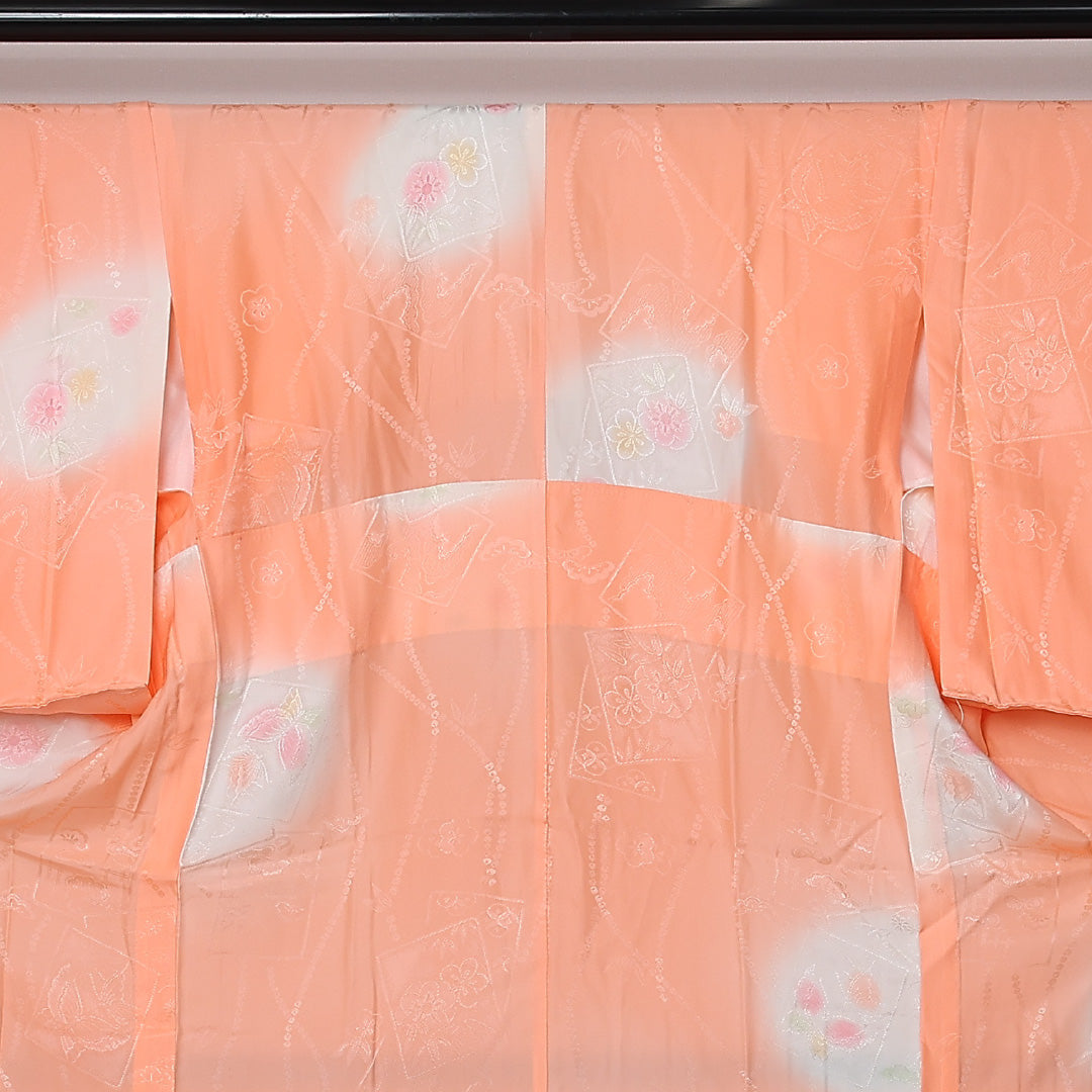 長襦袢 無双袖 身丈129cm 裄丈64cm 正絹 Sランク Lサイズ 蝶 梅 朱系 RP 1239-12634