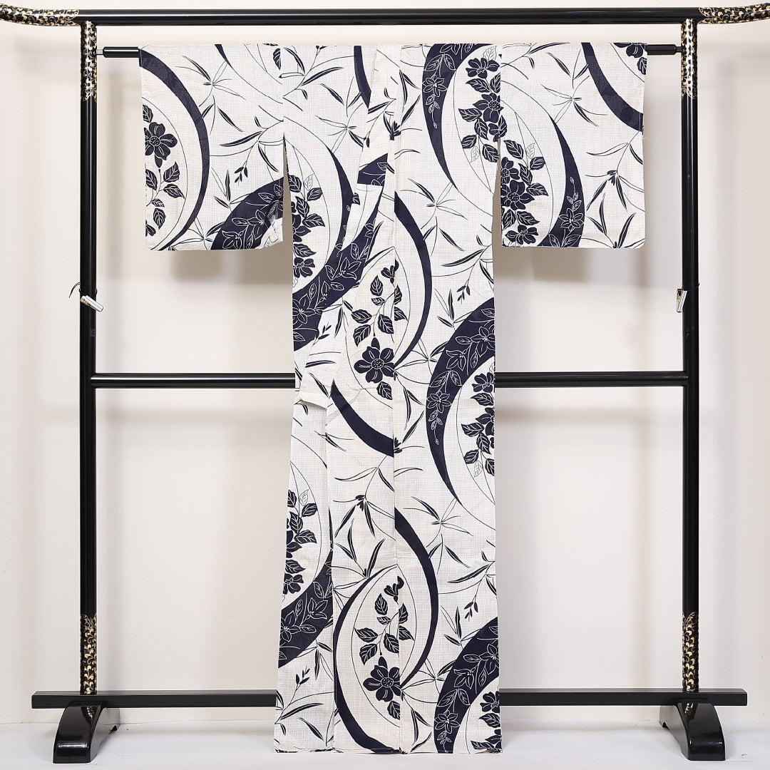 新品 綿麻 浴衣 身丈163cm 裄丈67cm 洗える着物 花柄 白系 Nランク 1218-00085