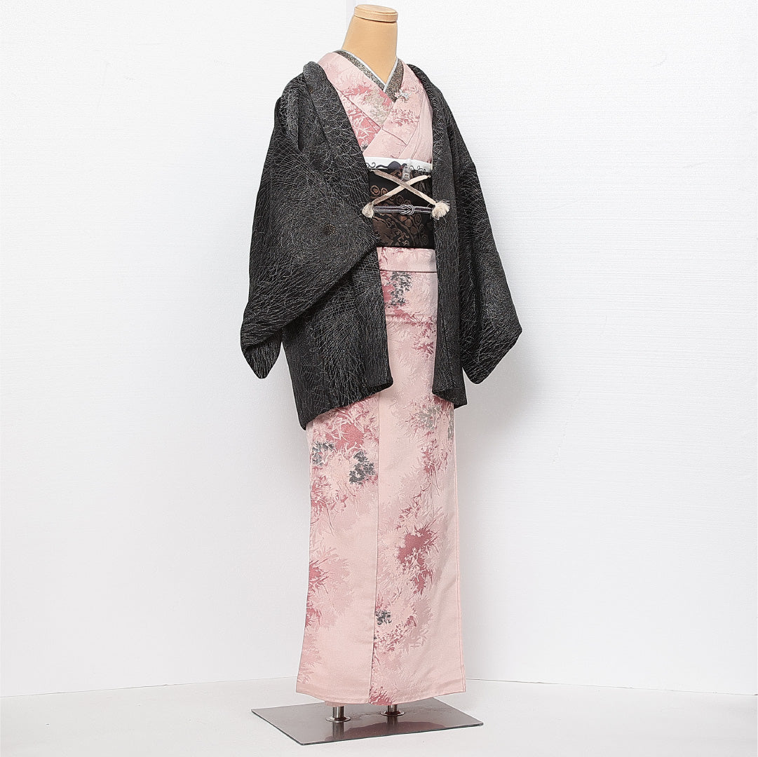 黒羽織 袷 身丈76cm 裄丈61cm 正絹 Sランク 一つ紋 (五三桐) セミフォーマル Sサイズ 漆糸 紐あり 菊 黒系 RP 1233-13693