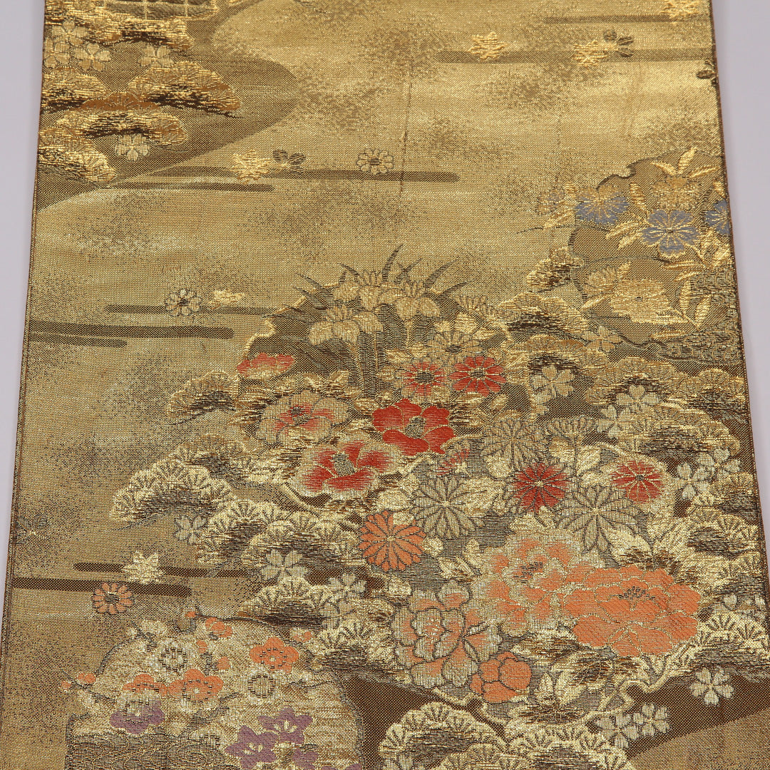 袋帯 帯丈420cm 正絹 六通 フォーマル 道長取り エ霞 四季草花 金系 1243-01154